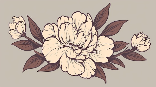 Fiore di peonia in uno schizzo grafico botanico minimale in AI generativa marrone beige