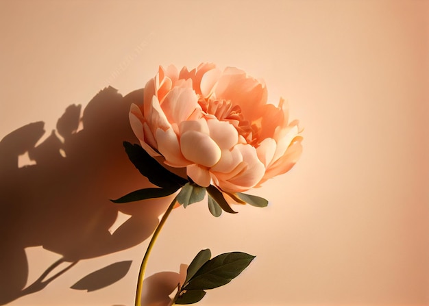 Fiore di peonia rosa con foglie su sfondo beige AI Generated