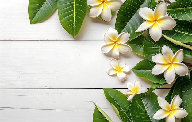 fiore di plumeria con foglie di palma verdi piatte distese su un tavolo di legno bianco sullo sfondo vista superiore