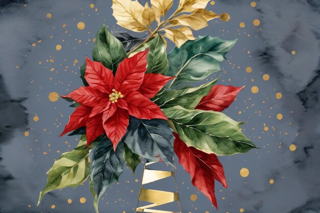 Fiore di Poinsettia rosso con rami di abete e ramoscelli di bacca sulla carta di Natale Template Vector Illustrati
