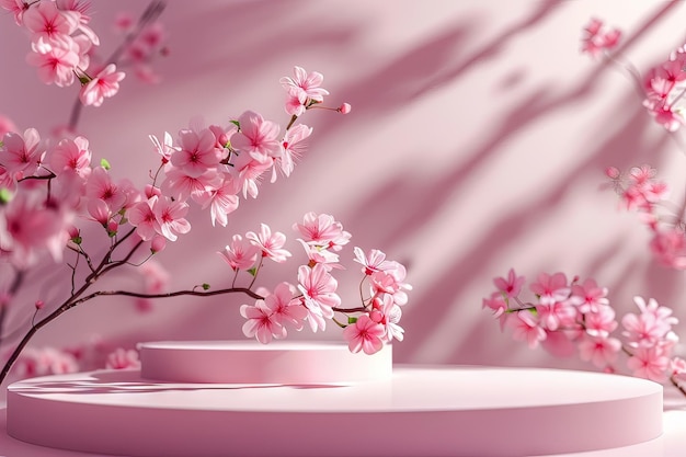 Fiore di primavera Podium 3D in rosa con sfondo floreale