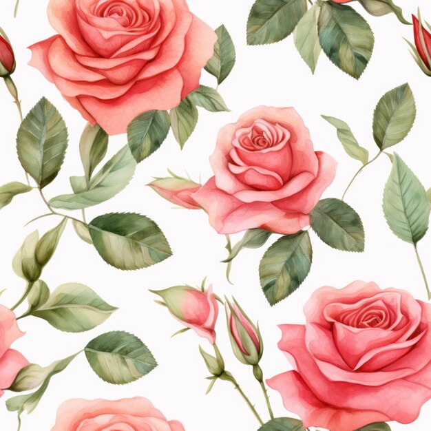 Fiore di rosa di colore dell'acqua senza soluzione di continuità con motivo a foglie su sfondo bianco