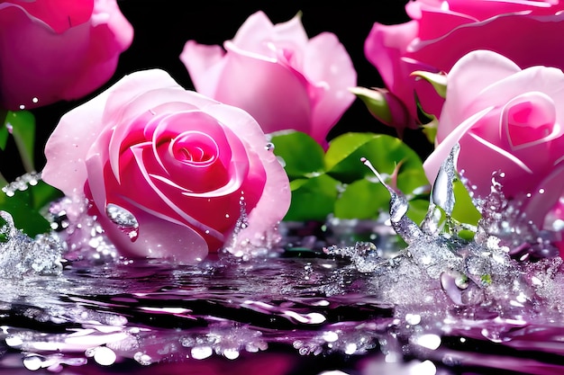 fiore di rosa in spruzzi d'acqua realistici