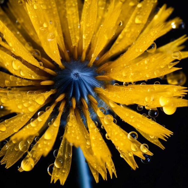 Fiore di tarassaco giallo con gocce d'acqua su uno sfondo scuro