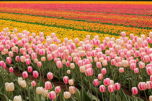 Fiore di tulipano che cresce in file pari su un campo infinito