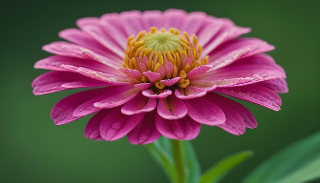 Fiore di zinnia rosa con petali dettagliati e stami gialli con uno sfondo verde sfocato