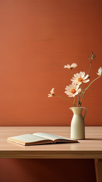 Fiore e libro su un tavolo minimalista generato dall'AI