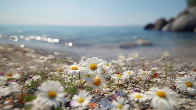 Fiore estivo mare spiaggia su sfondo colorato Concetto estivo colorato Sfondo di viaggio Stampa resort estivo Sfondo bianco e blu Design estivo Webbanner botanico primaverile