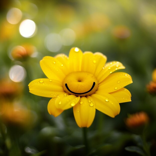 Fiore giallo con una faccina sorridente su di esso in un campo di fiori ai generativa