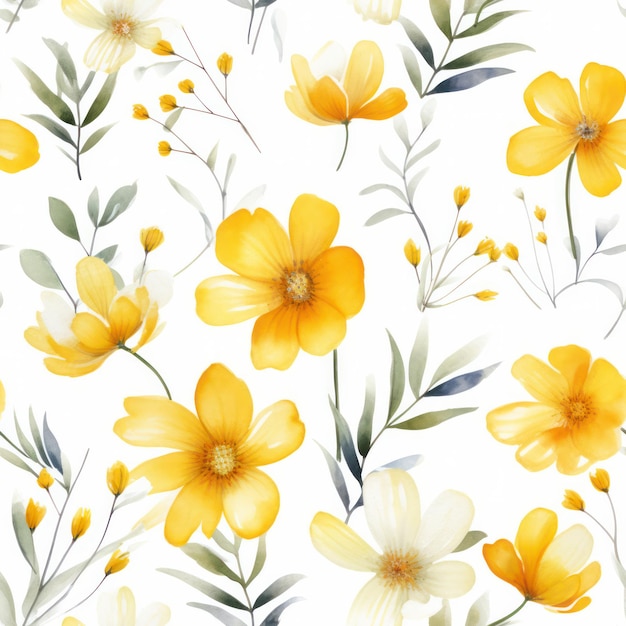 Fiore giallo di colore dell'acqua senza soluzione di continuità con motivo a foglie su sfondo bianco