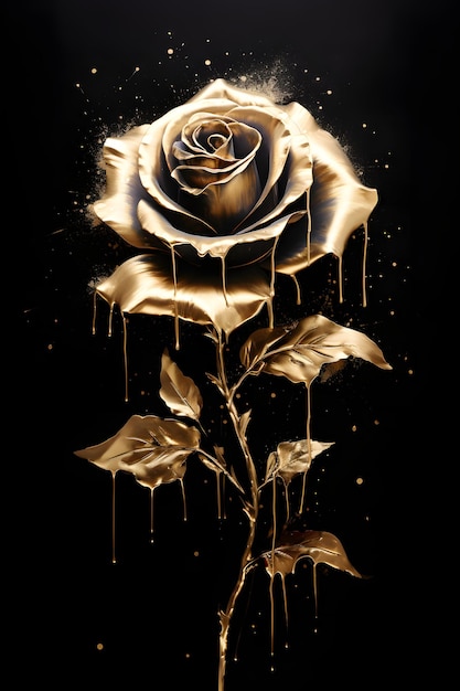 Fiore Golden Rose con schizzi di vernice su nero Pittura Gold Rose Flower Art per cornici da parete