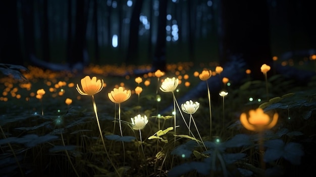 Fiore incandescente nella foresta fantasy notturna con sfondo sfocato