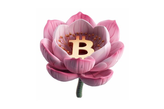 Fiore rosa 3D con bitcoin al centro in stile crypto spring dei cartoni animati su sfondo isolato