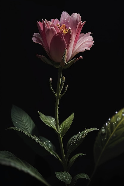 Fiore rosa con centro giallo e stelo verde.