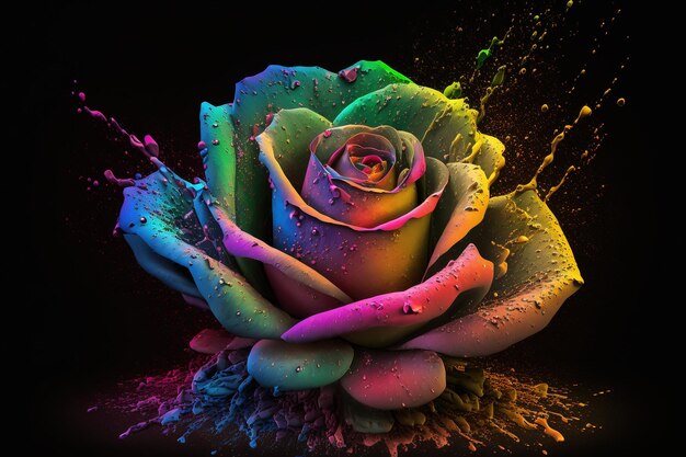 Fiore rosa dipinto con colori arcobaleno su sfondo nero ai generativo