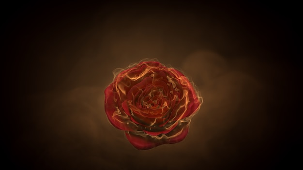 Fiore rosa fiammeggiante su sfondo nero. Concetto di sensazione di amore. Rendering 3D