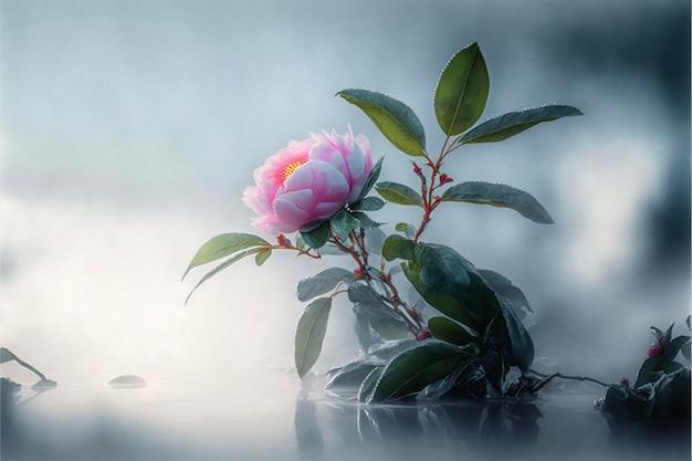 Fiore rosa seduto sopra uno specchio d'acqua ai generativo