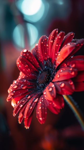 Fiore rosso con gocce d'acqua sui petali