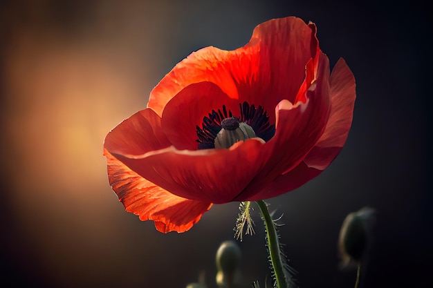 Fiore rosso del papavero al tramonto in un campo estivo ai generativo