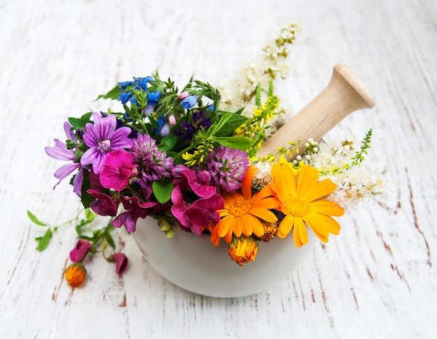 Fiore selvaggio e foglia di erba in mortaio