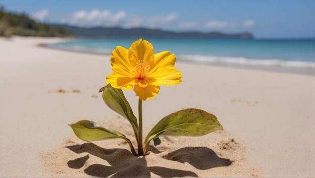 Fiore vibrante che fiorisce sulla sabbia su una spiaggia sotto il cielo blu estivo Paesaggio naturale