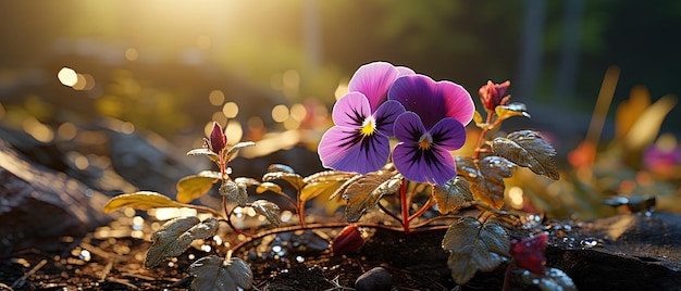 fiore viola con foglie verdi al sole che tramonta su una roccia