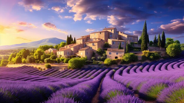 fiorenti campi di lavanda file e case provenzali una vista iconica in estate