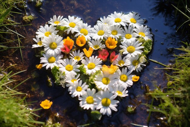 Fiori a forma di cuore in una pozzanghera