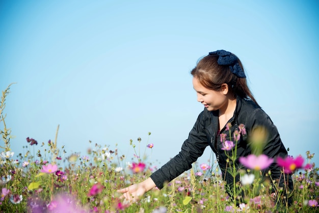 Fiori a mano e cosmo nel giardino fiorito con luce solare