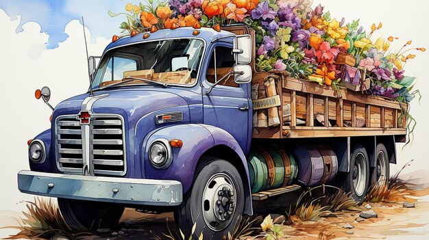 fiori ad acquerello sul camion