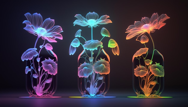 Fiori al neon.Piante magiche.Generative ai.