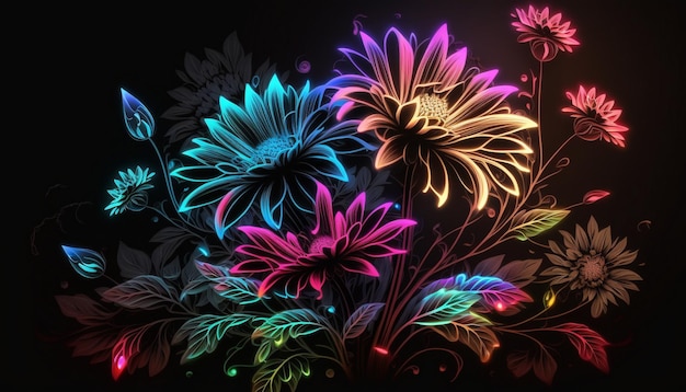 Fiori al neon su sfondo nero