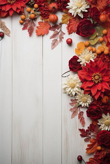 fiori autunnali e foglie su un tavolo di legno bianco nello stile del rosso e del verde