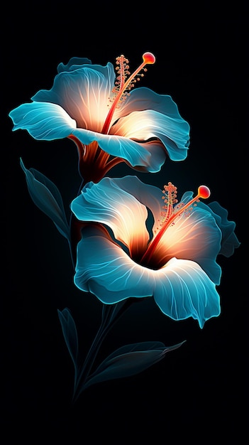 fiori azzurri in fiore su sfondo scuro nello stile di paesaggi luminosi luminescenti
