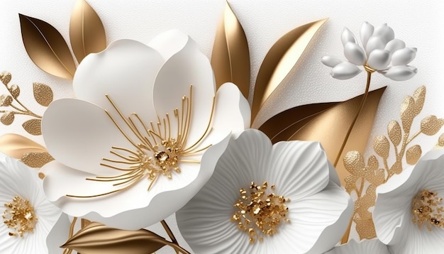 Fiori bianchi con gold.3d Bellissimo sfondo con fiori.Generative ai.