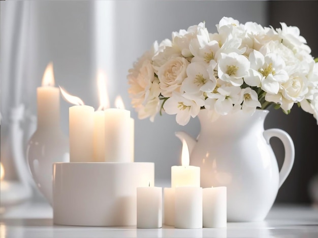 Fiori bianchi di eleganza eterea in un vaso di ceramica bianca con candele accese