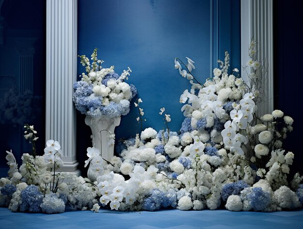 Fiori bianchi e decorazione di sfondo parete blu AI generato
