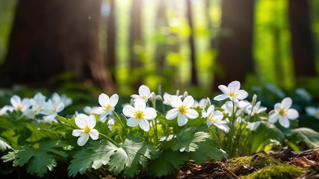 Fiori bianchi nella foresta con il sole che splende su di loro