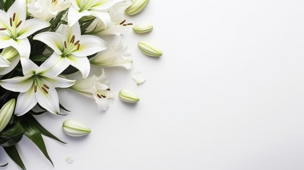 fiori bianchi pastello gigli composizione su uno sfondo bianco modello di spazio copia