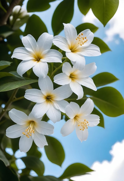 fiori bianchi su un albero con sfondo blu del cielo
