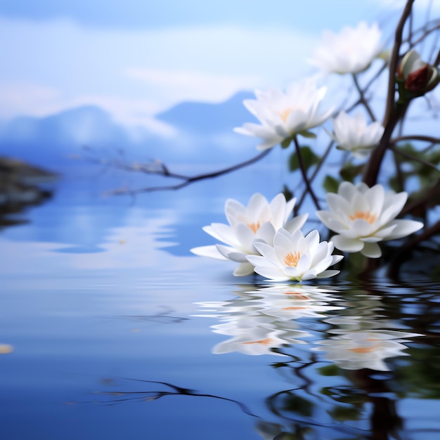 Fiori bianchi su un ramo in acqua