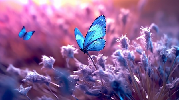 fiori blu chiaro in campo e due farfalle fluttuanti un'immagine unica