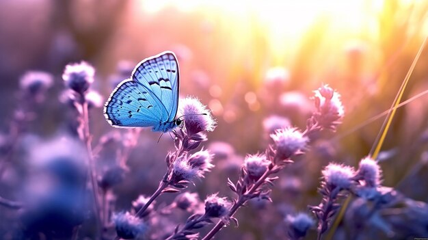 fiori blu chiaro in campo e due farfalle fluttuanti un'immagine unica