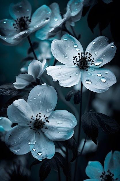 Fiori blu con gocce d'acqua sul fondo