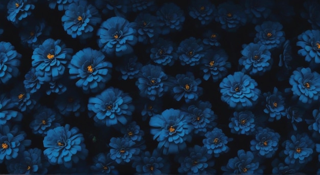 fiori blu con punti arancione su uno sfondo nero