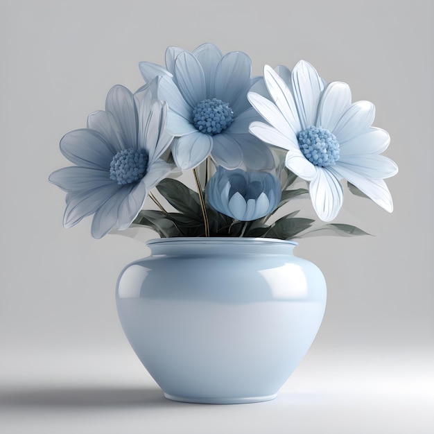 Fiori blu in un vaso blu su uno scaffale bianco rendering 3D Generative AI