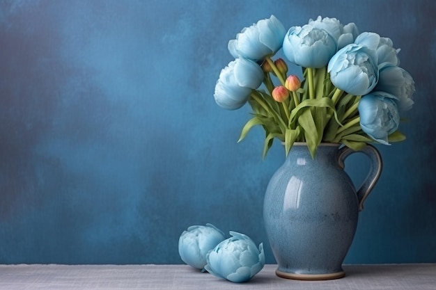Fiori blu in un vaso con uno sfondo blu