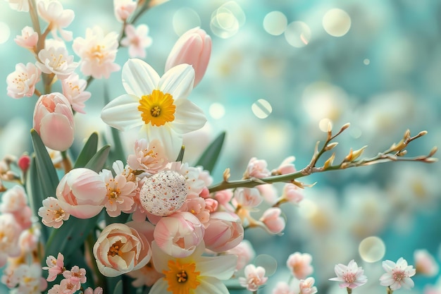 Fiori blu pastello fiori primaverili e uova di Pasqua su uno sfondo sfocato