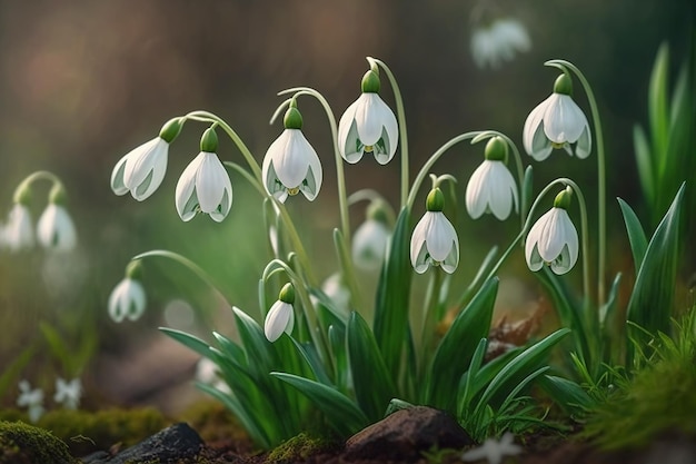 Fiori bucaneve Bucaneve dopo che la neve si è sciolta I bucaneve fioriscono nella foresta in primavera IA generativa