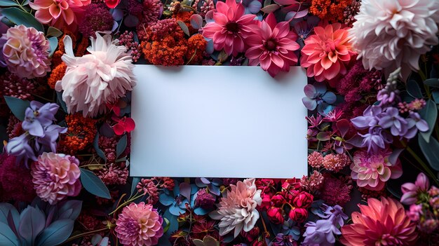 Fiori colorati circondano una carta bianca in una natura bellissima